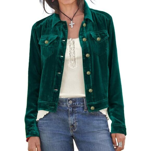 ⭐ Women's Solid Velvet Jacket Long Sleeve Short Coat with Pockets & Buckle - Picture 1 of 2